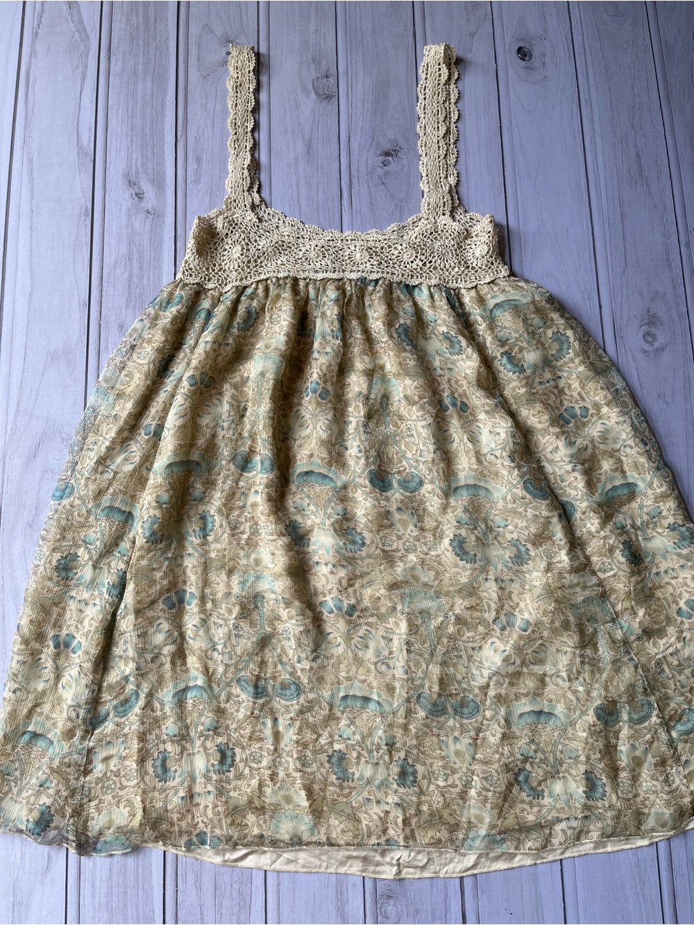 Maeve silk muted green & blue botanical floral crochet slip dress. Size medium